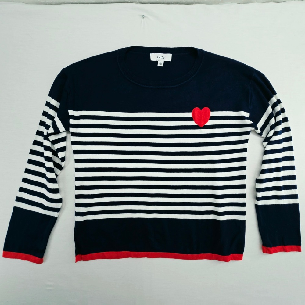 CeCe Sweater Womens M Blue White Striped Heart Applique Red Trim Crewneck Knit